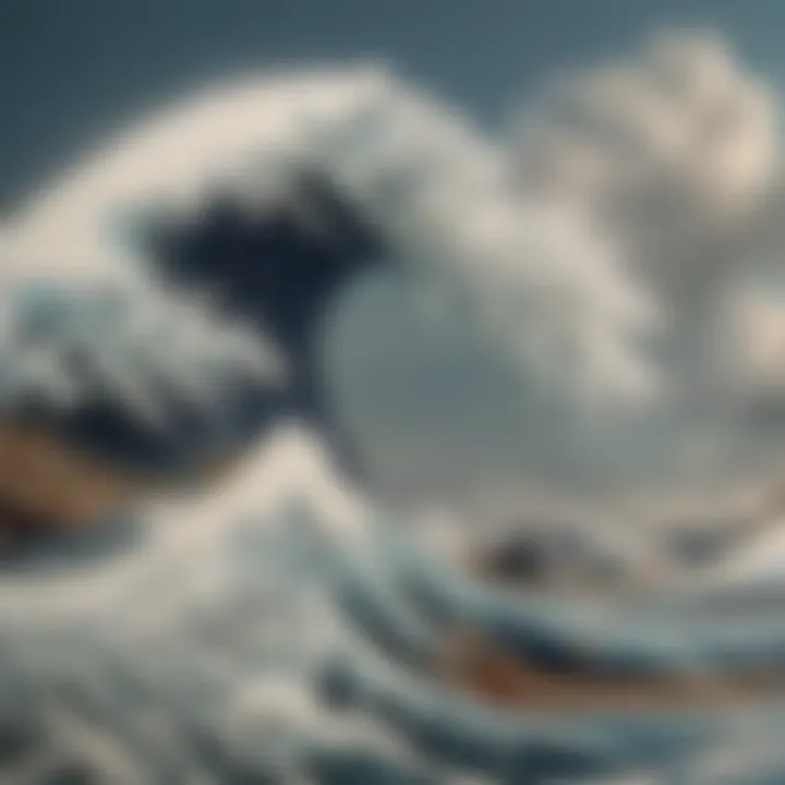 A detailed view of Hokusai's Great Wave showcasing the intricate woodblock printing technique.