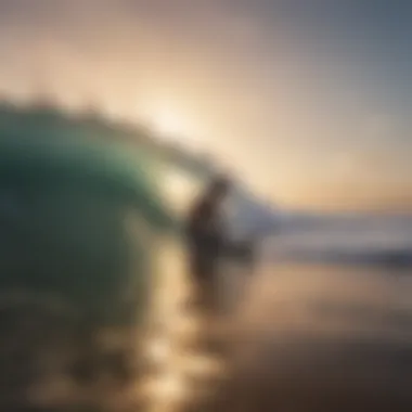 A surfer practicing yoga on the beach at sunrise