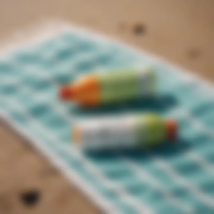 Bottles of eco-friendly sunscreen on a beach towel