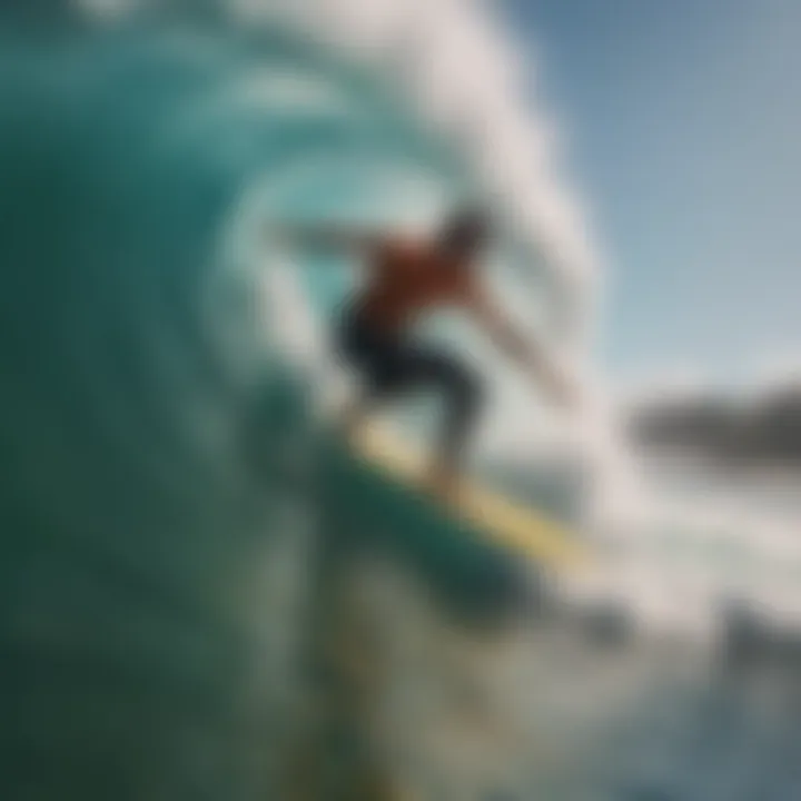 Surfer gliding over a wave with a backdrop of vibrant ocean