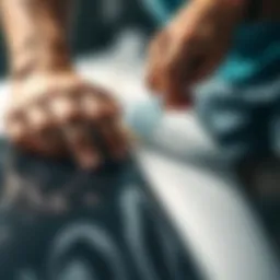 Close-up view of surfboard wax removal with a comb tool