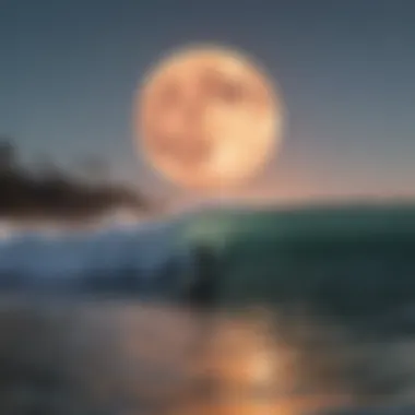 A surfer riding a wave at sunset with a full moon in the background