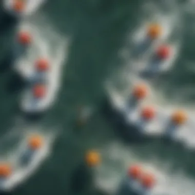 An aerial view of buoys deployed in a surf zone