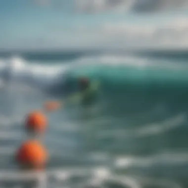 A vibrant surf scene with ocean buoys in the background