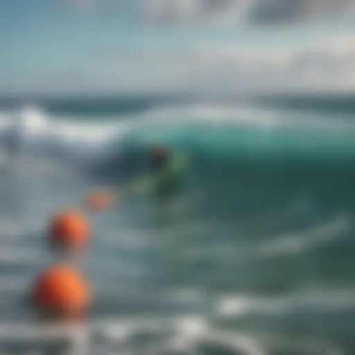 A vibrant surf scene with ocean buoys in the background