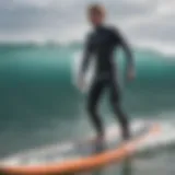 Wetsuit fitting on a surfboard