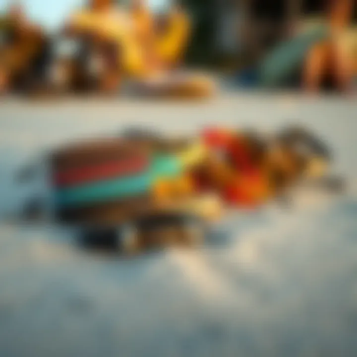 An array of different surfer bracelets displayed on a sandy beach