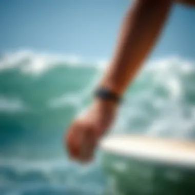 A surfer on a wave showcasing a stylish bracelet on their wrist