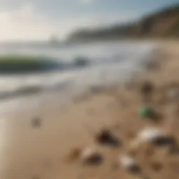 A polluted beach with plastic waste scattered across the sand