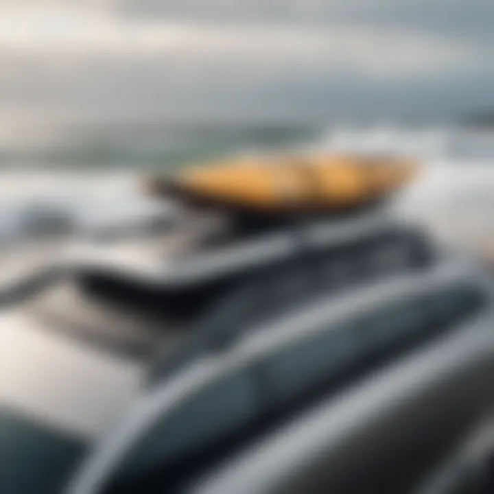 Securely Fastened: Thule Surf Straps in Action Durable Thule surf straps securing a surfboard on a car roof