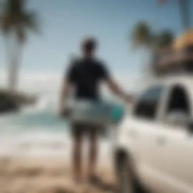 Effortless Loading: Thule Straps in Use Surfer loading a surfboard onto a vehicle using Thule surf straps