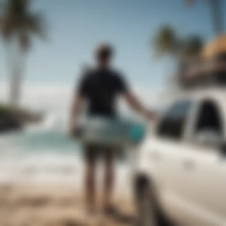 Effortless Loading: Thule Straps in Use Surfer loading a surfboard onto a vehicle using Thule surf straps