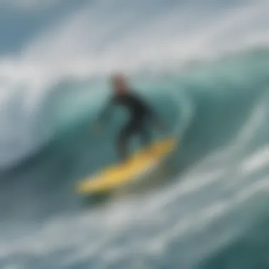 Navigating the Digital Waves of Data A surfer navigating through a maze of data symbols