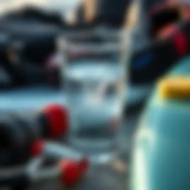 Hydration Essentials for Surfers A clear glass of water surrounded by surf gear