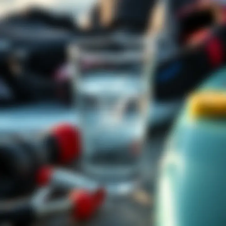 Hydration Essentials for Surfers A clear glass of water surrounded by surf gear