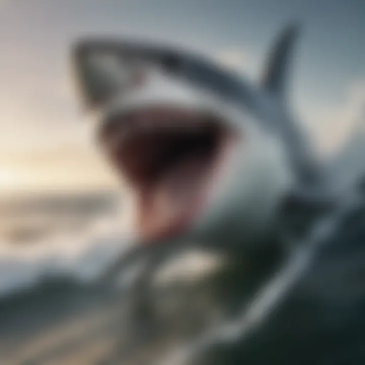 Close-up of a great white shark displaying its powerful physique and sharp teeth, emphasizing its predatory nature.