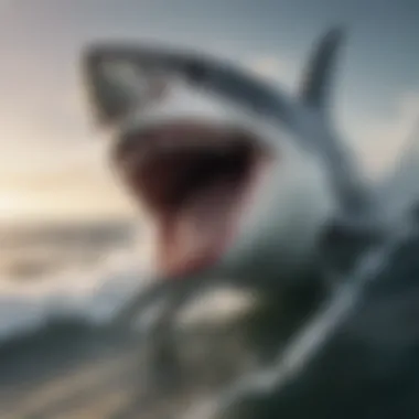The Majesty of the Great White Shark Close-up of a great white shark displaying its powerful physique and sharp teeth, emphasizing its predatory nature.