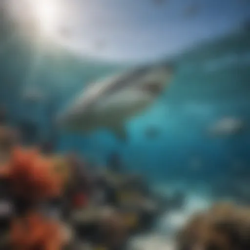 A vibrant underwater scene showcasing various shark species swimming gracefully among coral reefs.