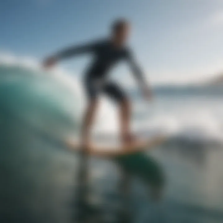 A surfer demonstrating the goofy foot stance on a wave