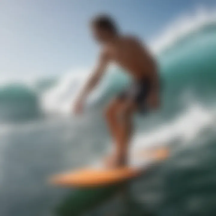 An instructor teaching goofy foot techniques to a novice surfer