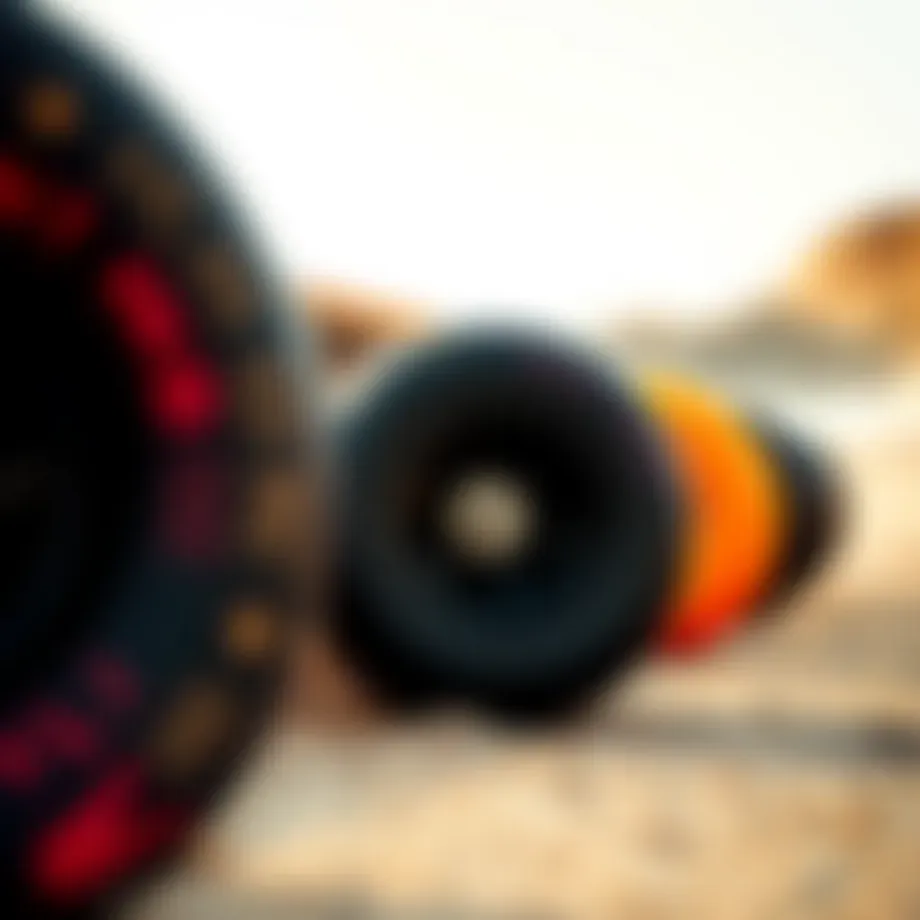 Close-up of longboard wheels showcasing different hardness levels