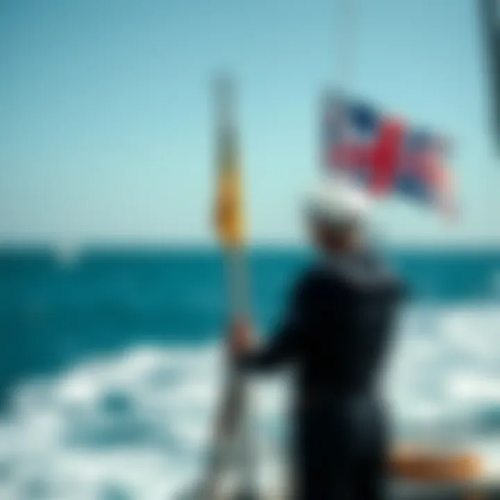 Sailor Communicating with Flags at Sea A sailor communicating using flag signals at sea