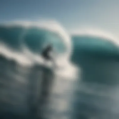 A surfer riding a perfect wave with a backdrop of a dynamic ocean setting