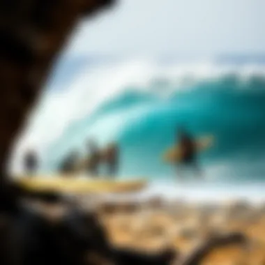 Historical depiction of surfing with single fin boards