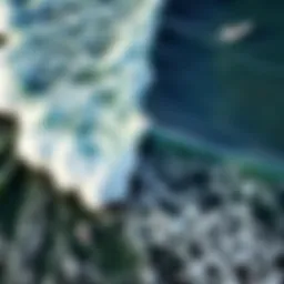 Aerial view of surfboarders riding waves under windy conditions