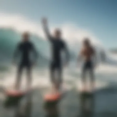 A diverse group of surfers celebrating after a competition