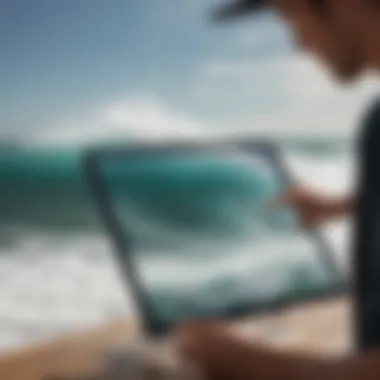 Surfers analyzing a digital wave height map on a tablet