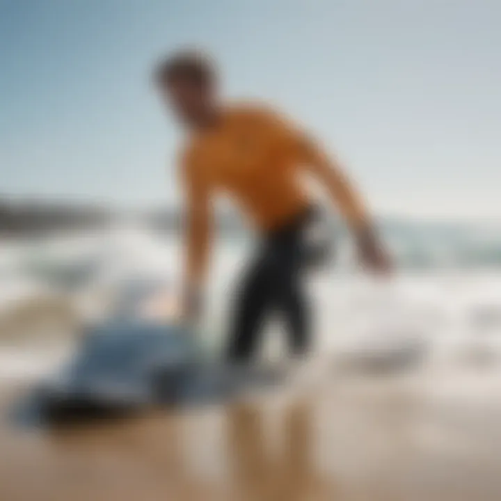 Surfer wearing UV protective surf pants on the beach