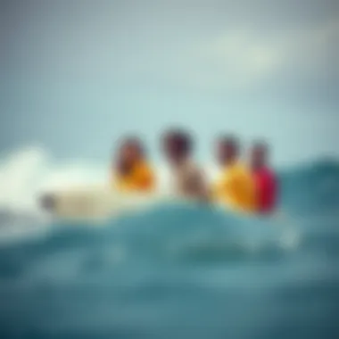 Group of surfers embracing vintage surf culture