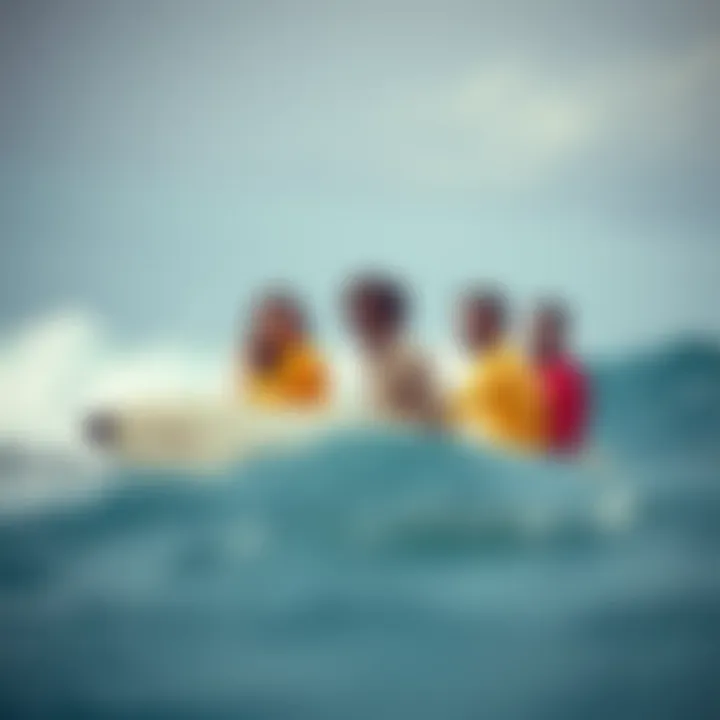 Group of surfers embracing vintage surf culture