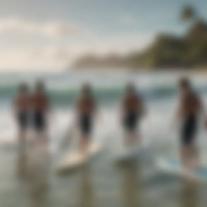 A group of beginner surfers receiving instructions from an experienced instructor