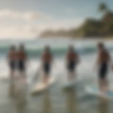 Learning to Surf: Expert Guidance A group of beginner surfers receiving instructions from an experienced instructor