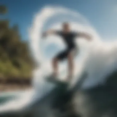Executing a Spin on a Wakesurf Board An experienced wakesurfer executing a spin on the water, highlighting board maneuverability.