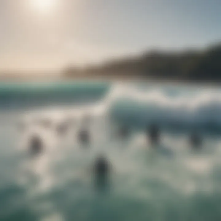 A diverse group of surfers enjoying a session at a wave pool, demonstrating accessibility