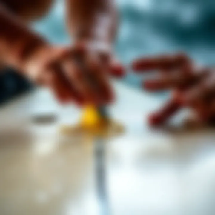 Close-up of wax being applied to a bodyboard