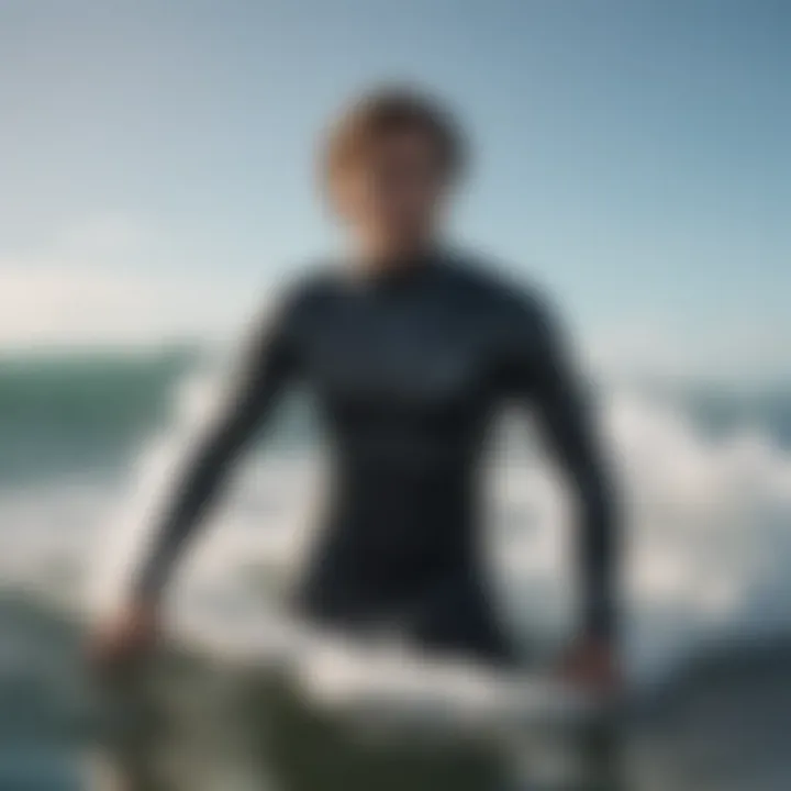 Surf enthusiast testing wetsuit in water, demonstrating functionality and comfort.