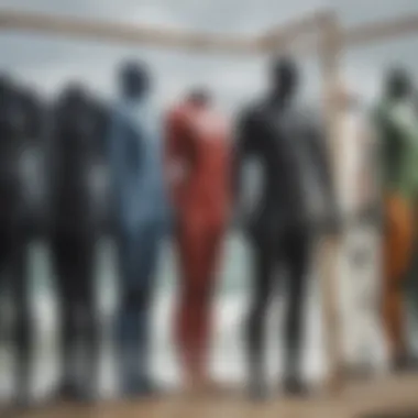 Variety of Wetsuit Styles Diverse range of wetsuit styles displayed on a rack, highlighting fit and design options.