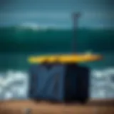 Wheeled surfboard bag showcasing durable materials.