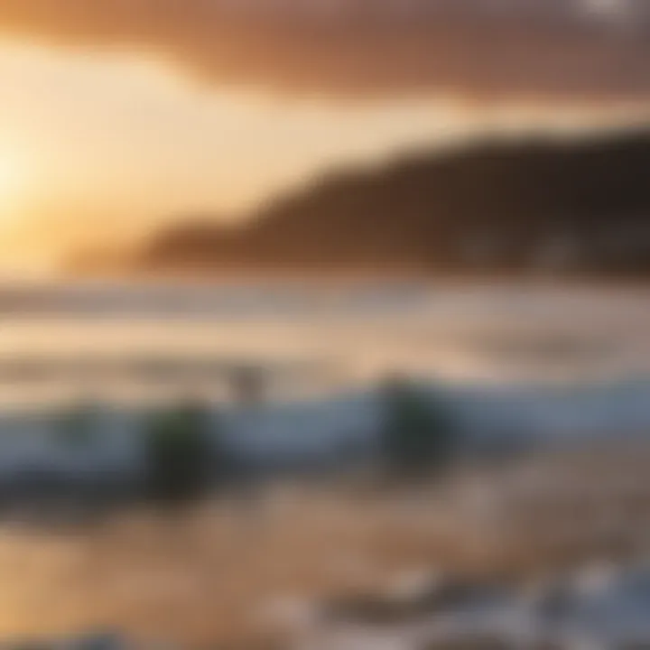 Sunset over White Plains beach with surfers in the water