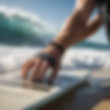 Wrist brace on a surfboard beside ocean waves