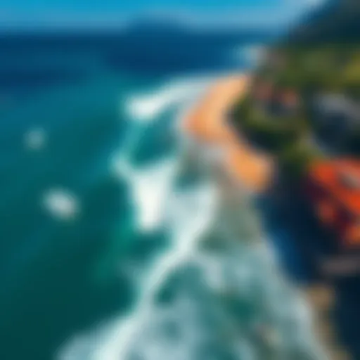 Aerial View of Surfing Paradise A stunning aerial view of surfers riding waves along a picturesque coastline