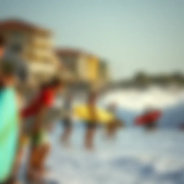 Yowsurf Community at Iconic Surf Spot A vibrant scene of surfers engaging in Yowsurf at a famous surf destination